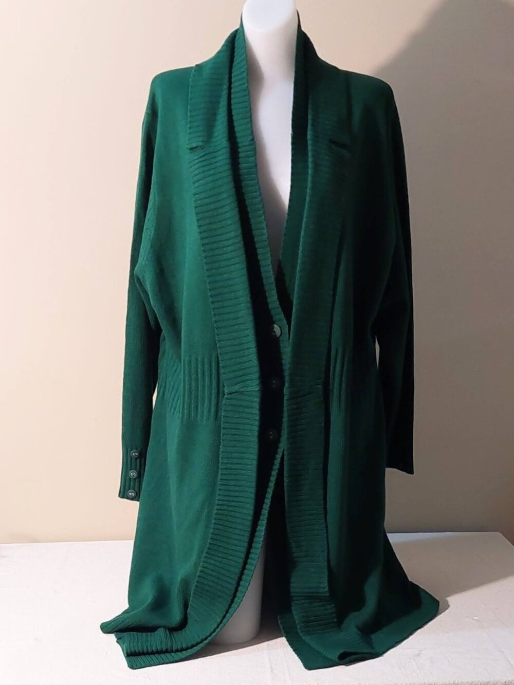 Antthony Original Emerald Green Longline Button Cardigan w/Shawl Collar Size: 1X